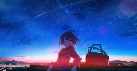 Anime-style artwork of a girl sitting by a bag during a sunset, with a starry sky in the background. HD desktop wallpaper and background.