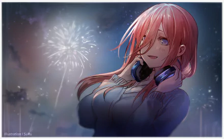 HD desktop wallpaper featuring Miku Nakano from the anime The Quintessential Quintuplets, with a night sky and fireworks in the background.