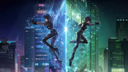 4K Ultra HD PC desktop wallpaper featuring anime-style characters from Ghost in the Shell poised back-to-back against a futuristic cityscape at night.