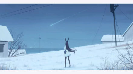Anime-style HD desktop wallpaper featuring a long black-haired figure with bunny ears standing in snowy fields beneath a shooting star.