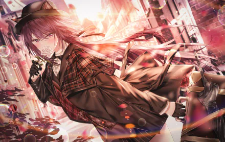 4K Ultra HD PC desktop wallpaper featuring a dynamic, detailed character from the video game Arknights in vibrant, warm-toned urban surroundings.