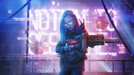 A neon-lit cyberpunk scene with a futuristic vibe, featuring a character holding a sci-fi weapon, standing against a glowing backdrop. The image is designed as a high-definition desktop wallpaper.