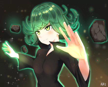 HD desktop wallpaper featuring Tatsumaki from One-Punch Man. The anime character is depicted with green hair, using telekinesis to levitate rocks, against a dark background.