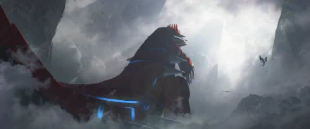 HD desktop wallpaper featuring Groudon, a Pokémon from the anime series, majestically standing amidst a dramatic, cloudy mountain landscape with mist and light rays.