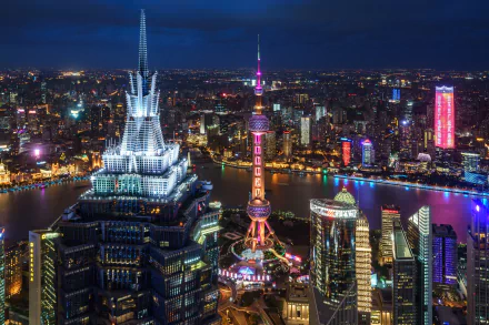 Oriental Pearl Tower Yangtze River skyscraper city night building China man made Shanghai HD Desktop Wallpaper | Background Image