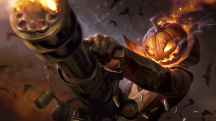 A Halloween-themed HD desktop wallpaper featuring a menacing jack-o'-lantern character wielding a large minigun, with a dark, spooky background filled with bats.