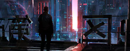 A lone figure overlooking a vibrant, neon-lit cyberpunk cityscape, showcasing a futuristic sci-fi metropolis in stunning HD detail.