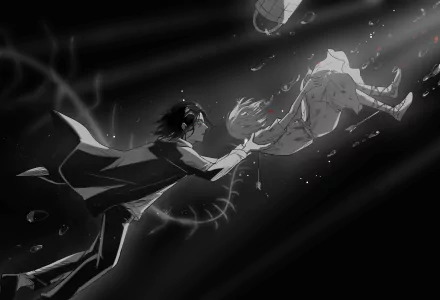 HD anime wallpaper featuring Eren Yeager reaching out to Ymir from Attack on Titan, rendered in dramatic black and white tones for PC desktop background.