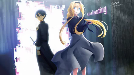 HD desktop wallpaper featuring Kazuto Kirigaya (Kirito) and Alice Zuberg from Sword Art Online: Alicization - War of Underworld. The word Unlasting is prominent in the background.