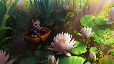 HD PC desktop wallpaper and background of a fantasy animal mouse in a tiny boat drifting among glowing lotus flowers and lily pads on a sunlit pond.