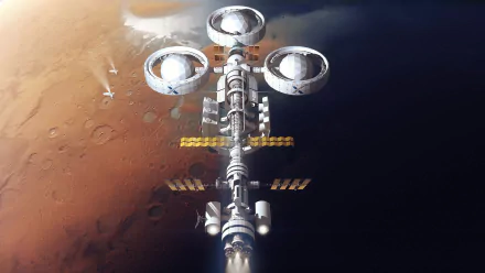 SpaceX-inspired futuristic Sci‑Fi space station orbiting a red planet, high-detail 2K Quad HD PC desktop wallpaper and background.