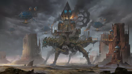 A detailed steampunk machine resembling a walking fortress with gears and towers under a cloudy sky, styled as a sci-fi HD PC desktop wallpaper.