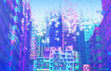 HD PC desktop wallpaper of a Love Death & Robots cityscape: neon cyan and magenta high-rise buildings with pixelated fragments dissolving upward — futuristic urban TV show background.