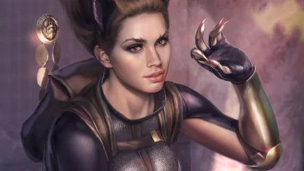 HD PC desktop wallpaper of Catwoman (DC Comics): stylized comic portrait in a black-and-gold suit, gloved clawed hand raised, intense confident gaze.