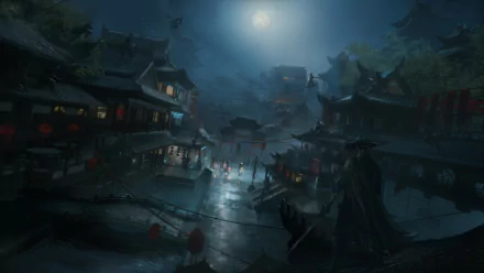 A fantasy warrior stands with a katana under the moonlit night sky, overlooking an oriental pagoda village. This HD wallpaper captures the essence of night, warrior, and samurai themes seamlessly.
