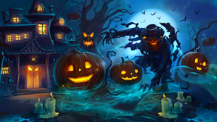 HD Halloween-themed wallpaper featuring a haunted house, glowing jack-o'-lanterns, a scarecrow, and a full moon in a dark, spooky night setting.