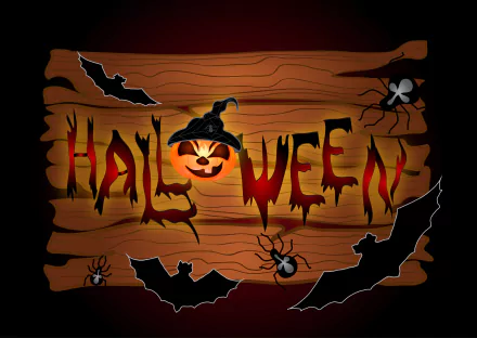 4K Ultra HD Halloween PC desktop wallpaper featuring a wooden sign with a jack-o'-lantern, bats, and spiders creating a spooky holiday atmosphere.
