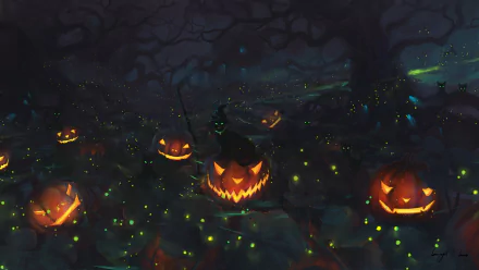 Halloween-themed HD PC desktop wallpaper featuring glowing carved pumpkins scattered in a dark, eerie forest with fireflies illuminating the scene.