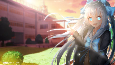 Anime girl with long white hair and blue eyes in a school uniform stands outdoors at sunset, set against a school building in a vibrant 4K Ultra HD desktop wallpaper.