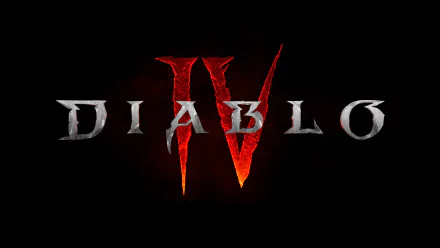 Diablo IV logo in fiery red and gray tones on a black background, designed as an 8K Ultra HD PC desktop wallpaper for the video game.
