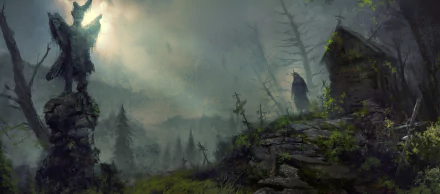 Diablo IV 2K Quad HD PC desktop wallpaper depicting a misty ruined forest, craggy rocks and a lone hooded figure beneath moonlit, stormy skies with faint sickly green glows.