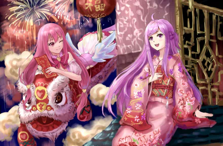 Anime HD PC desktop wallpaper: Xia Zitong and Mei Tata in pink kimonos by fireworks and a lion dance, sharing Cupid's Chocolates in a vibrant, festive background.