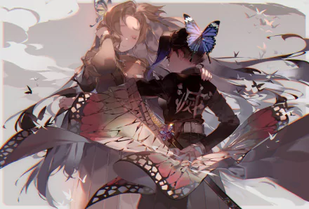 HD desktop wallpaper featuring Kanae Kocho and Shinobu Kochou from the anime Demon Slayer: Kimetsu no Yaiba. The detailed artwork depicts the sisters with butterfly motifs in a soft, ethereal style.