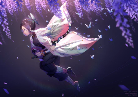 HD desktop wallpaper featuring Shinobu Kochou from Demon Slayer: Kimetsu no Yaiba, with vivid purple blossoms and white butterflies in the background.