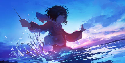 HD anime wallpaper featuring an original artwork of a character in motion, standing in the water during a vibrant sunset.