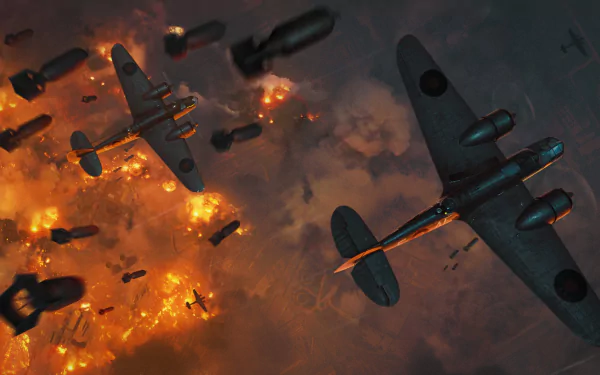 HD desktop wallpaper depicting World War II military bombers releasing bombs over a fiery battlefield.