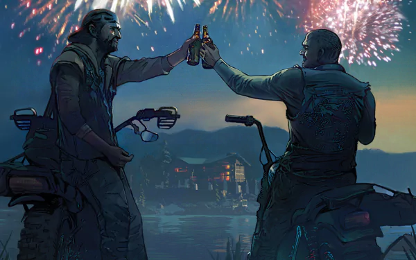 Deacon St. John from Days Gone raises a toast with a companion against a backdrop of fireworks in this HD PC desktop wallpaper.