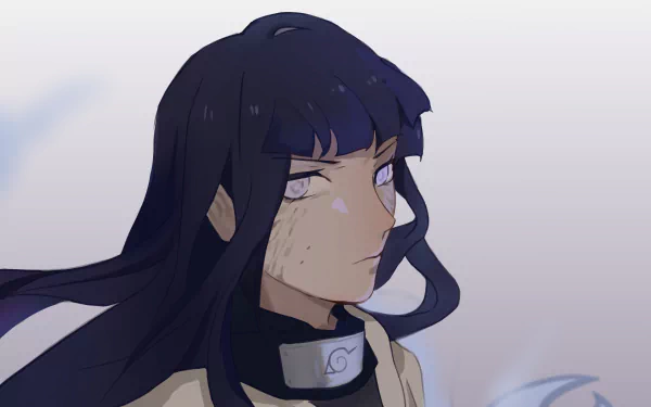 4K Ultra HD desktop wallpaper featuring Hinata Hyuga from the anime Naruto, showcasing her calm expression and signature white eyes in a soft, muted background.