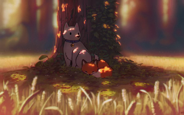HD PC desktop wallpaper featuring Sven from Minecraft, a friendly wolf resting beside a sleeping fox in a warm, softly lit forest scene from the video game.