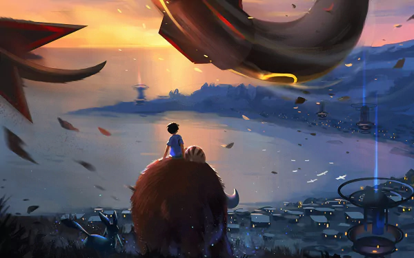 4K Ultra HD anime-style Pokémon wallpaper showing a character riding a large creature overlooking a futuristic cityscape at sunset.