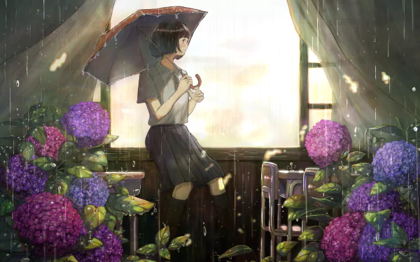 Anime-style 4K Ultra HD desktop wallpaper of a girl holding an umbrella inside a room filled with blooming hydrangeas during rain.