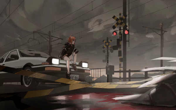 Anime-style 4K Ultra HD desktop wallpaper featuring a character with animal ears sitting on a car near a railroad crossing at dusk, blending original art and anime car themes.