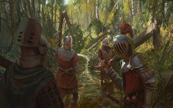 A group of fantasy knights wearing detailed helmets stand in a sunlit forest path, captured in a high-definition PC desktop wallpaper background.
