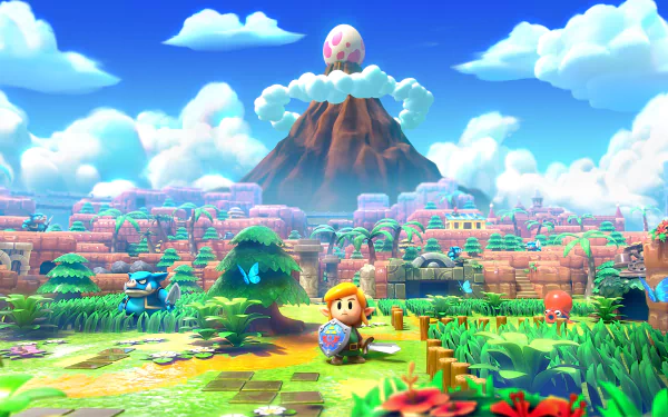HD PC desktop wallpaper featuring Link from The Legend of Zelda: Link's Awakening, set in a vibrant, colorful game world with a volcano and egg atop it in the background.