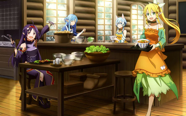 HD PC desktop wallpaper featuring Suguha Kirigaya (Leafa), Yuuki Konno, Asuna Yuuki, and Shino Asada from the anime Sword Art Online II in a cozy kitchen setting.