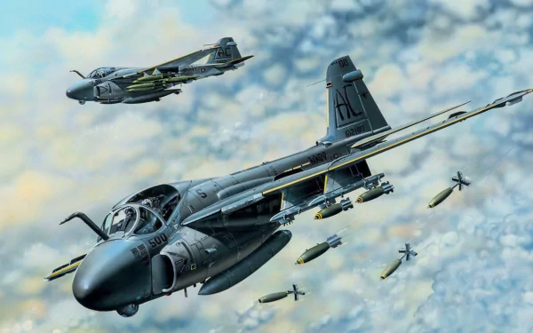 HD desktop wallpaper featuring two military Grumman A-6 Intruder jet fighter warplanes flying amidst clouds, releasing multiple bombs in midair.