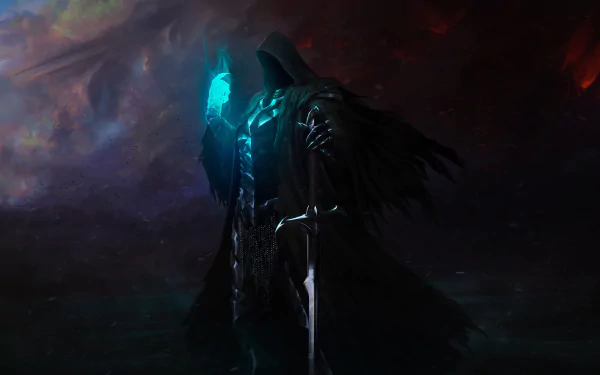 HD PC desktop wallpaper featuring a dark, cloaked Nazgûl from The Lord of the Rings, gripping a glowing blue object in a shadowy, fantasy setting.