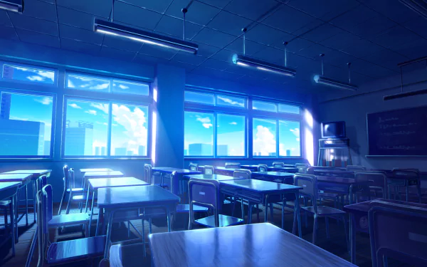 HD anime-style desktop wallpaper of a sunlit classroom with empty chairs and desks, a blackboard, and large windows.