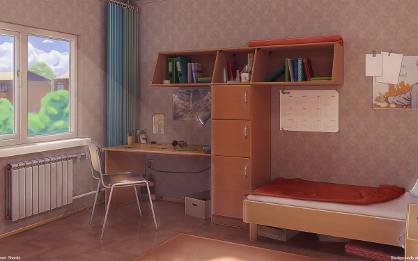 Anime-style bedroom featuring a desk with books, a bed with red bedding, and a window overlooking greenery, captured in HD for a PC desktop wallpaper background.