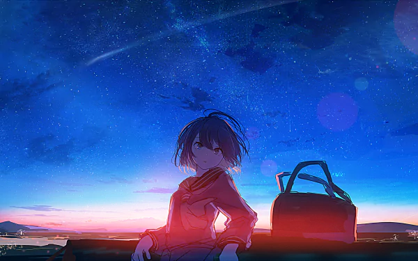 Anime-style artwork of a girl sitting by a bag during a sunset, with a starry sky in the background. HD desktop wallpaper and background.