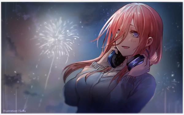 HD desktop wallpaper featuring Miku Nakano from the anime The Quintessential Quintuplets, with a night sky and fireworks in the background.