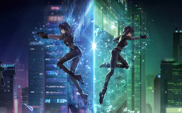 4K Ultra HD PC desktop wallpaper featuring anime-style characters from Ghost in the Shell poised back-to-back against a futuristic cityscape at night.