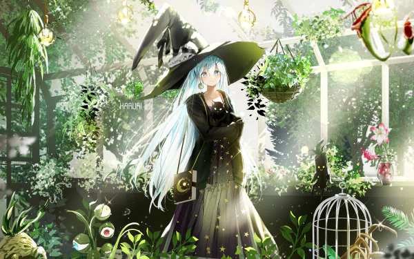 Anime witch with aqua hair wearing a dark dress stands in a sunlit greenhouse, accompanied by a black cat on her wide-brimmed hat and surrounded by lush plants.