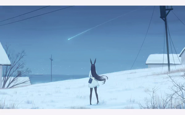 Anime-style HD desktop wallpaper featuring a long black-haired figure with bunny ears standing in snowy fields beneath a shooting star.