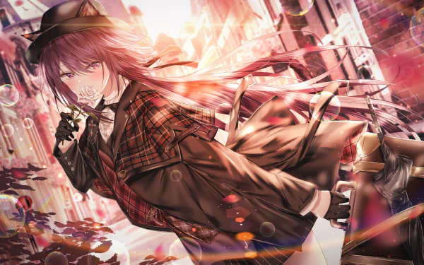 4K Ultra HD PC desktop wallpaper featuring a dynamic, detailed character from the video game Arknights in vibrant, warm-toned urban surroundings.