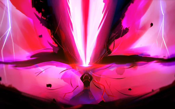 A striking 4K Ultra HD anime wallpaper featuring Saber Alter from Fate/Grand Order unleashing a powerful, glowing attack in vibrant pink and purple hues.